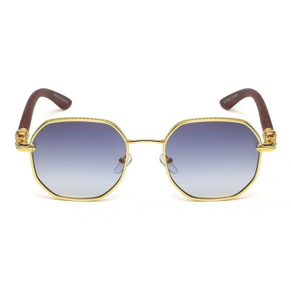 Men Sunglasses Fashion Designer Gold‎ Frame Woody Arms Octagon Black Lens Lentes
